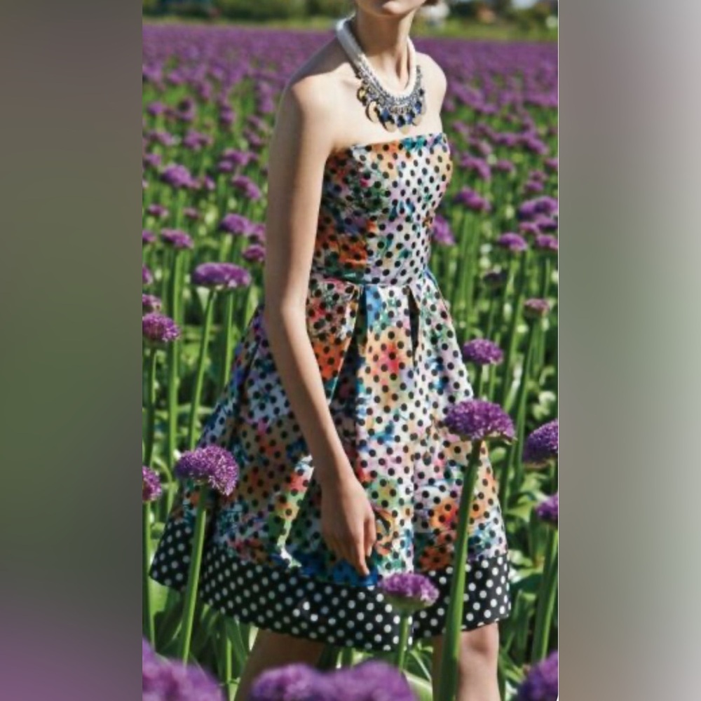 Anthropologie Corey Lynn Calter Strapless Floral and Black Polka Dot Dress